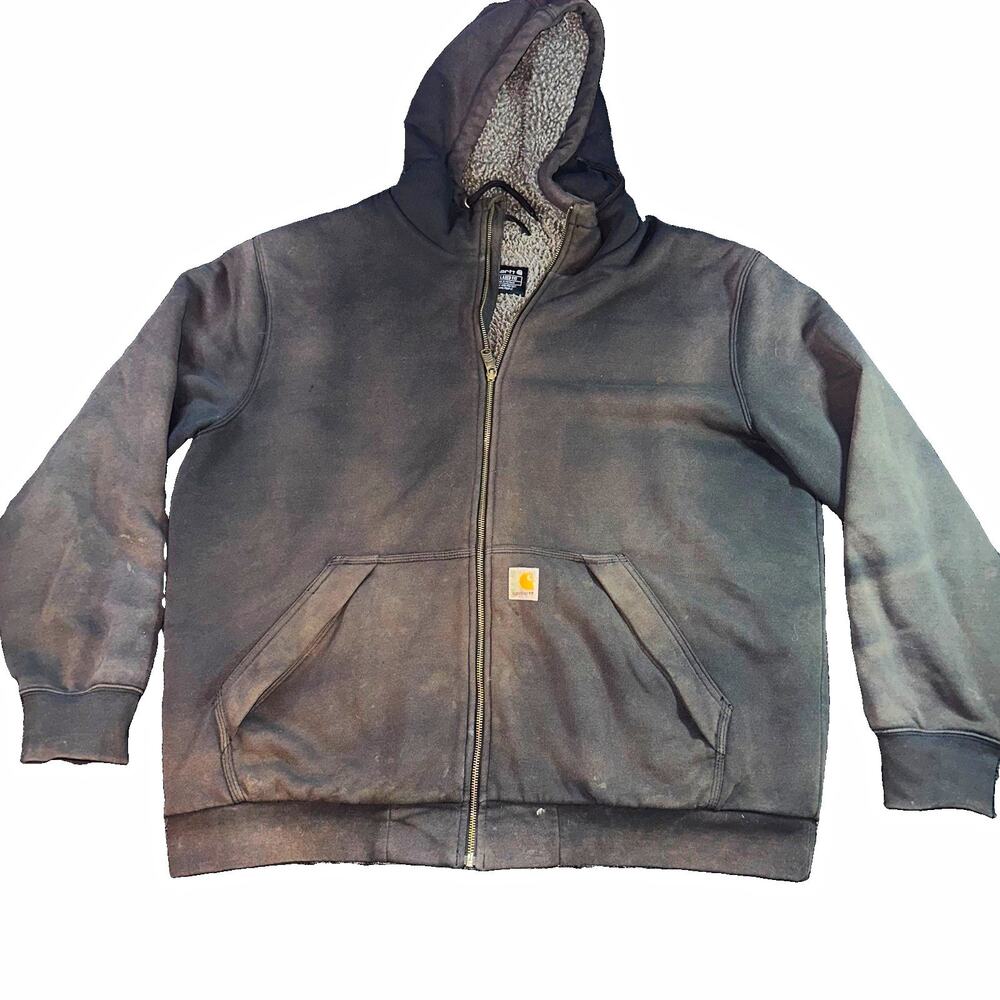 Carhartt Rain Defender Hooded Fleece Jacket Faded Black Sherpa Lining Men's XL